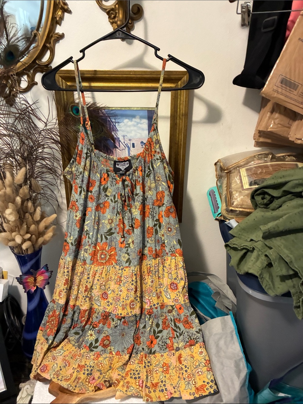 Angie Floral Tiered Spaghetti-Strap Camisole - Orange, Yellow, Blue-Gray